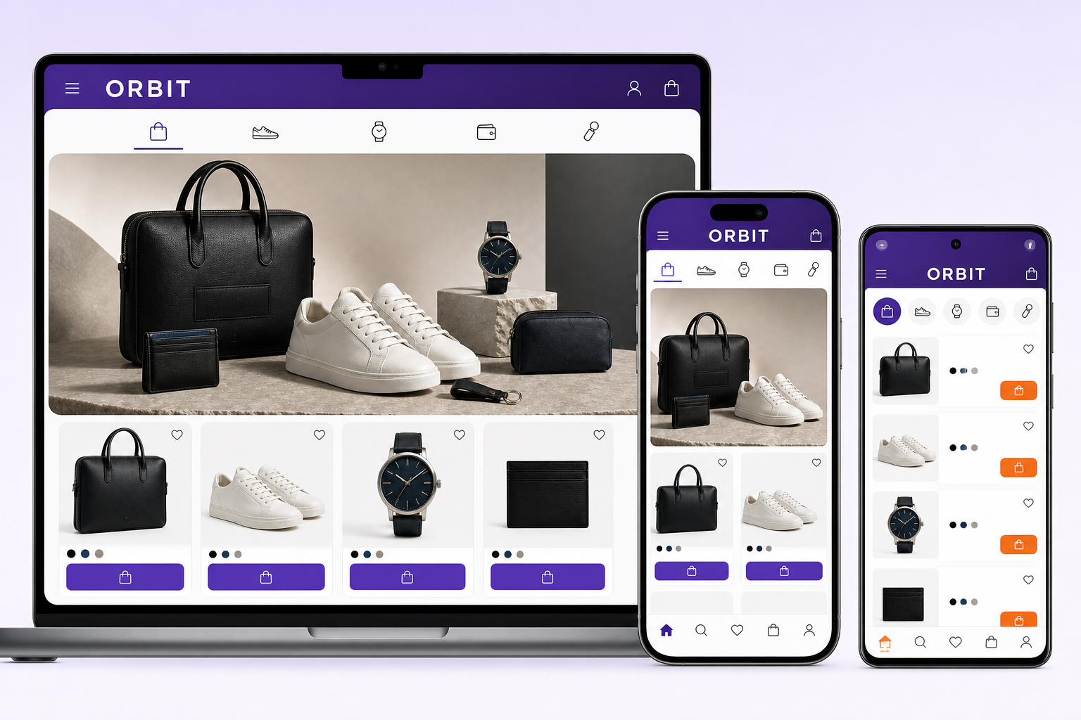 Orbit e-ticaret ürününün masaüstü web, mobil web ve mobil uygulama arayüzleri